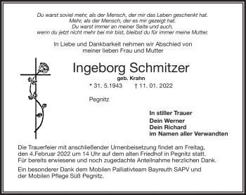 Anzeige von Ingeborg Schmitzer von Nordbayerischer Kurier