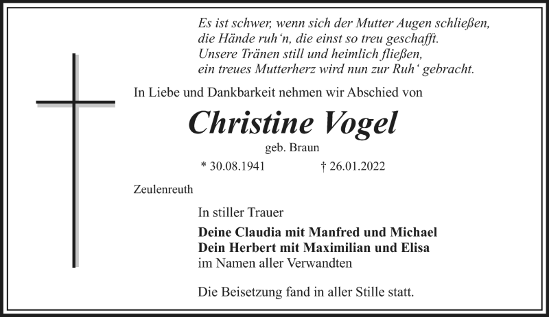  Traueranzeige für Christine Vogel vom 03.02.2022 aus Nordbayerischer Kurier