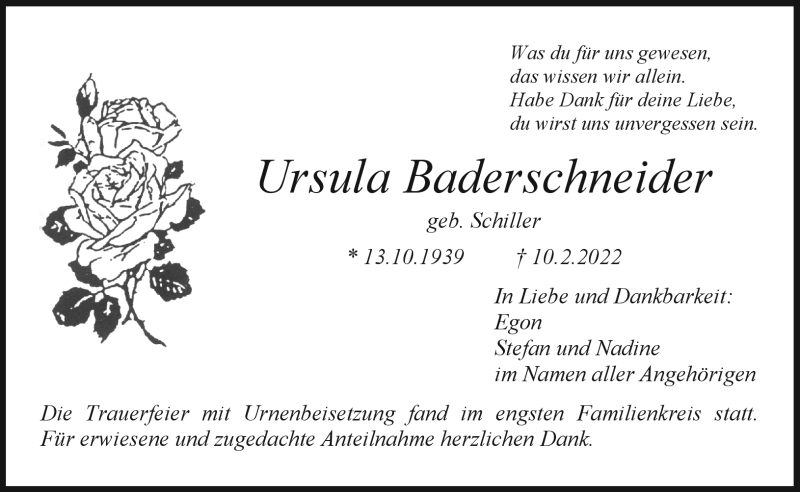  Traueranzeige für Ursula Baderschneider vom 26.02.2022 aus Nordbayerischer Kurier