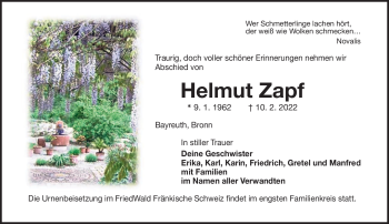 Anzeige von Helmut Zapf von Nordbayerischer Kurier