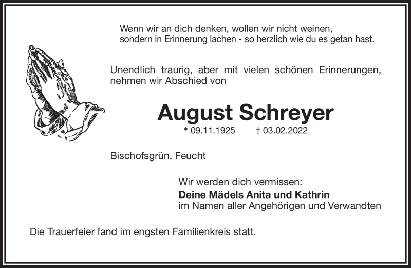  Traueranzeige für August Schreyer vom 12.03.2022 aus Nordbayerischer Kurier