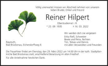 Anzeige von Reiner Hilpert von Nordbayerischer Kurier