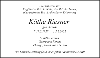 Anzeige von Käthe Riesner von Nordbayerischer Kurier
