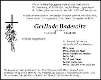 Anzeige von Gerlinde Badewitz von Nordbayerischer Kurier