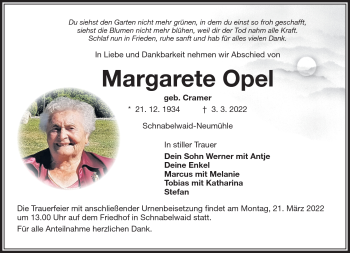 Anzeige von Margarete Opel von Nordbayerischer Kurier