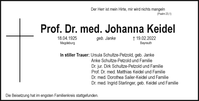  Traueranzeige für Johanna Keidel vom 05.03.2022 aus Nordbayerischer Kurier