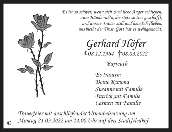 Anzeige von Gerhard Höfer von Nordbayerischer Kurier