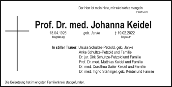 Anzeige von Johanna Keidel von Nordbayerischer Kurier
