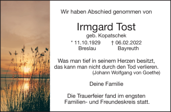 Anzeige von Irmgard Tost von Nordbayerischer Kurier