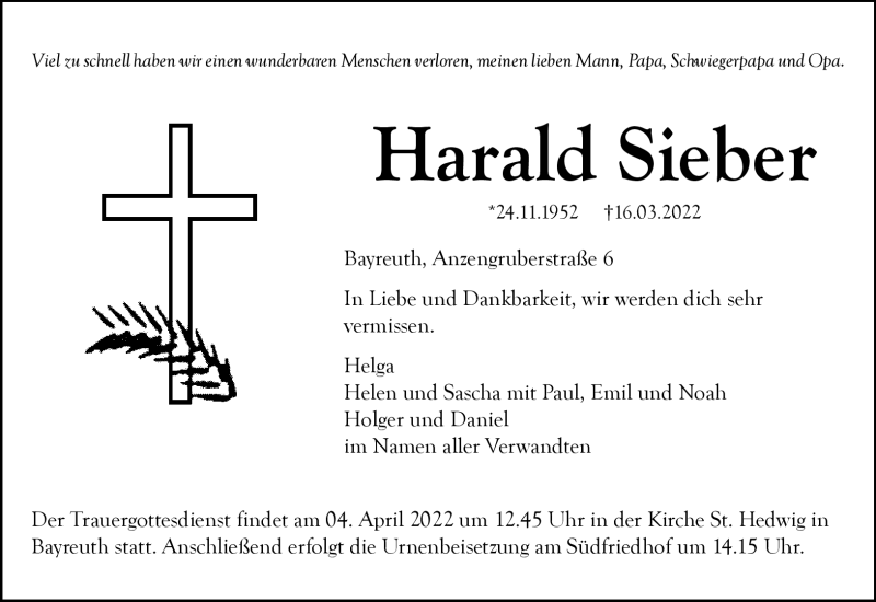  Traueranzeige für Harald Sieber vom 29.03.2022 aus Nordbayerischer Kurier