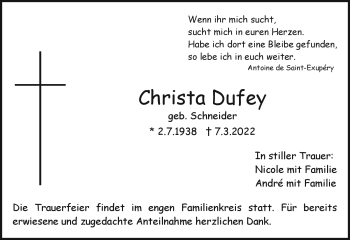 Anzeige von Christa Dufey von Nordbayerischer Kurier