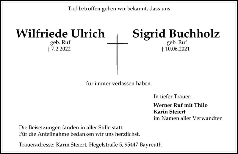  Traueranzeige für WilfriedeSigrid BuchholzUlrich vom 05.03.2022 aus Nordbayerischer Kurier