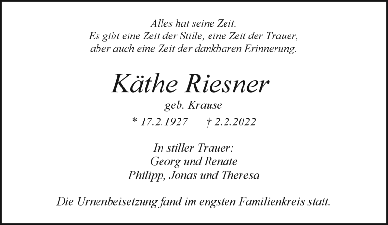  Traueranzeige für Käthe Riesner vom 02.03.2022 aus Nordbayerischer Kurier
