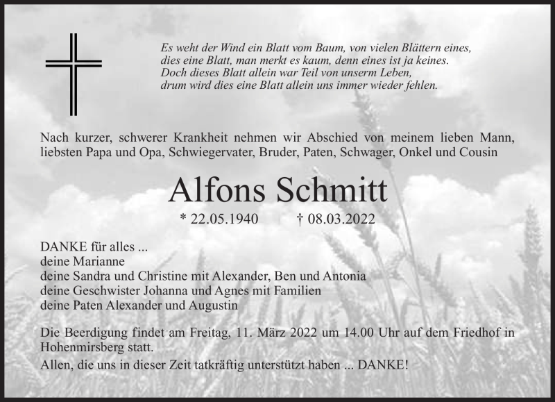  Traueranzeige für Alfons Schmitt vom 10.03.2022 aus Nordbayerischer Kurier