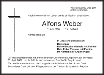 Anzeige von Alfons Weber von Nordbayerischer Kurier