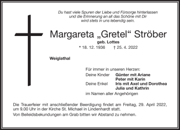 Anzeige von Margareta Ströber von Nordbayerischer Kurier