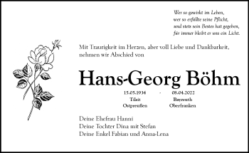 Anzeige von Hans-Georg Böhm von Nordbayerischer Kurier