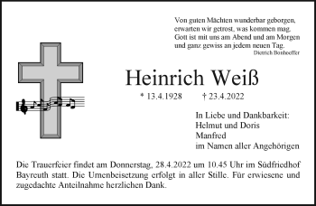 Anzeige von Heinrich Weiß von Nordbayerischer Kurier