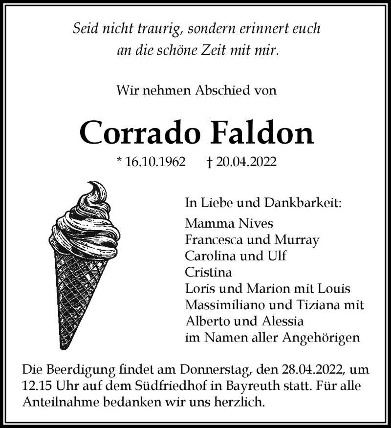 Traueranzeige für Corrado Faldon vom 26.04.2022 aus Nordbayerischer Kurier