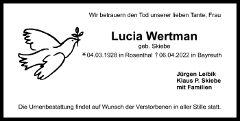 Anzeige von Lucia Wertmann von Nordbayerischer Kurier