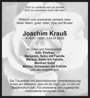 Anzeige von Joachim Krauß von Nordbayerischer Kurier