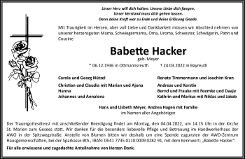 Anzeige von Babette Hacker von Nordbayerischer Kurier