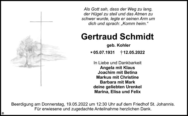  Traueranzeige für Gertraud Schmidt vom 14.05.2022 aus Nordbayerischer Kurier