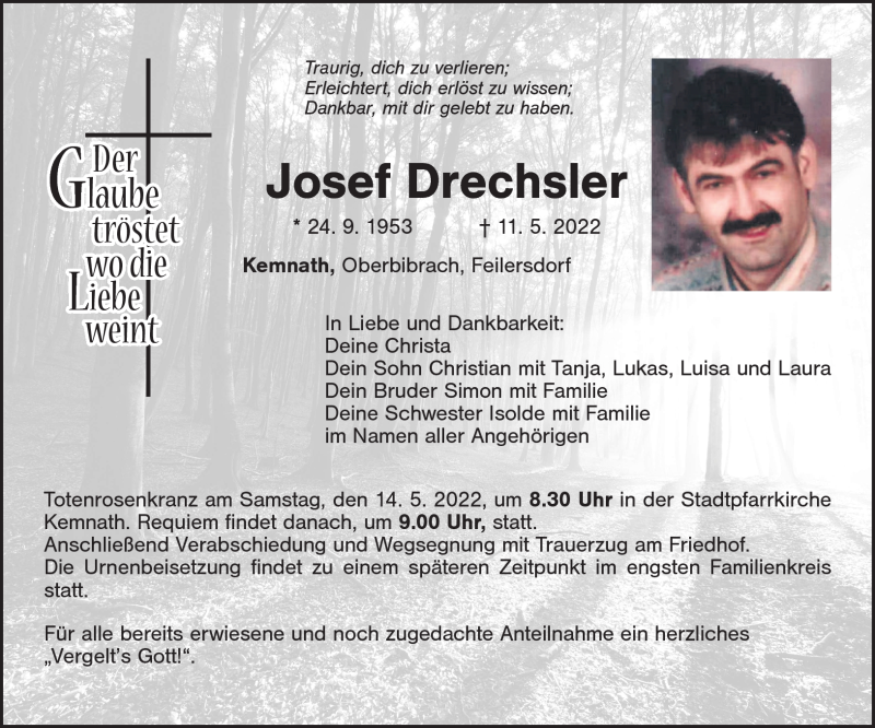  Traueranzeige für Josef Drechsler vom 13.05.2022 aus Nordbayerischer Kurier
