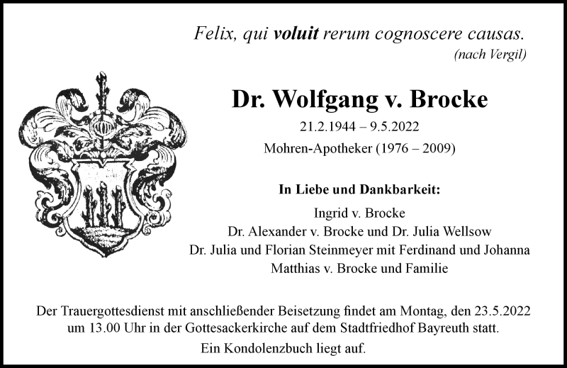  Traueranzeige für Wolfgang Brocke vom 14.05.2022 aus Nordbayerischer Kurier