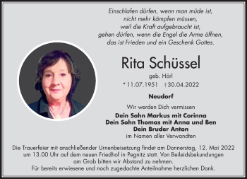 Anzeige von Rita Schüssel von Nordbayerischer Kurier