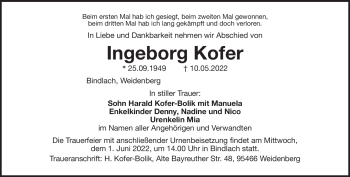 Anzeige von Ingeborg Kofer von Nordbayerischer Kurier