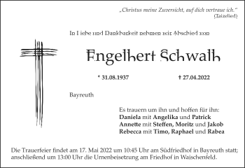 Anzeige von Engelbert Schwalb von Nordbayerischer Kurier
