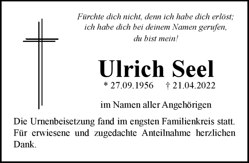  Traueranzeige für Ulrich Seel vom 28.05.2022 aus Nordbayerischer Kurier