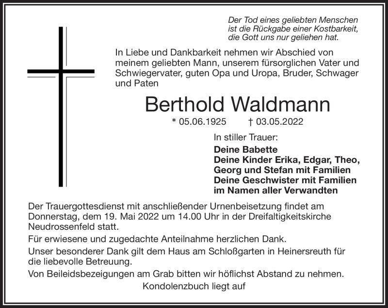  Traueranzeige für Berthold Waldmann vom 16.05.2022 aus Nordbayerischer Kurier