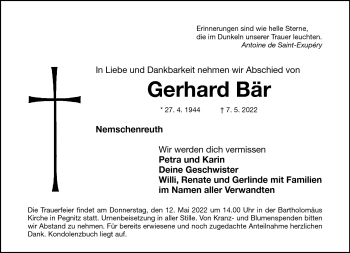 Anzeige von Gerhard Bär von Nordbayerischer Kurier