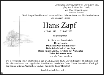 Anzeige von Hans Zapf von Nordbayerischer Kurier