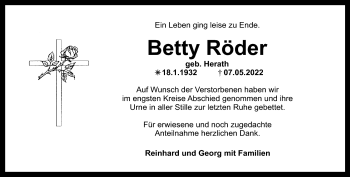 Anzeige von Betty Röder von Nordbayerischer Kurier