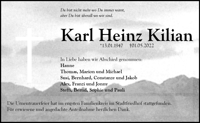  Traueranzeige für Karl Heinz Kilian vom 21.05.2022 aus Nordbayerischer Kurier