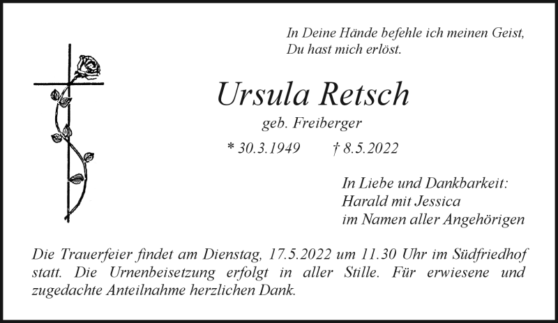  Traueranzeige für Ursula Retsch vom 14.05.2022 aus Nordbayerischer Kurier