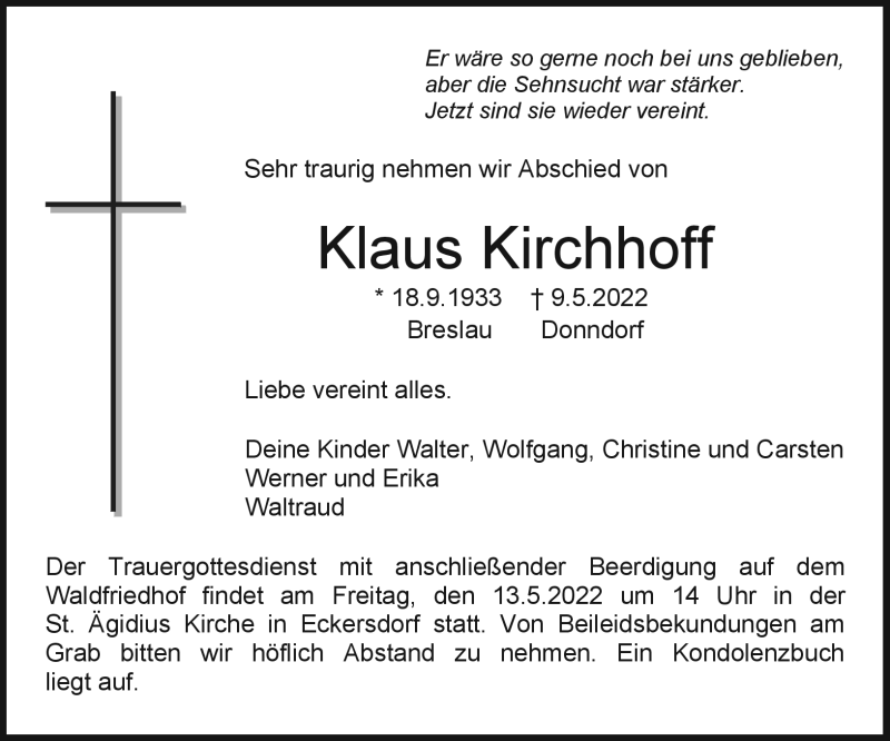  Traueranzeige für Klaus Kirchhoff vom 12.05.2022 aus Nordbayerischer Kurier