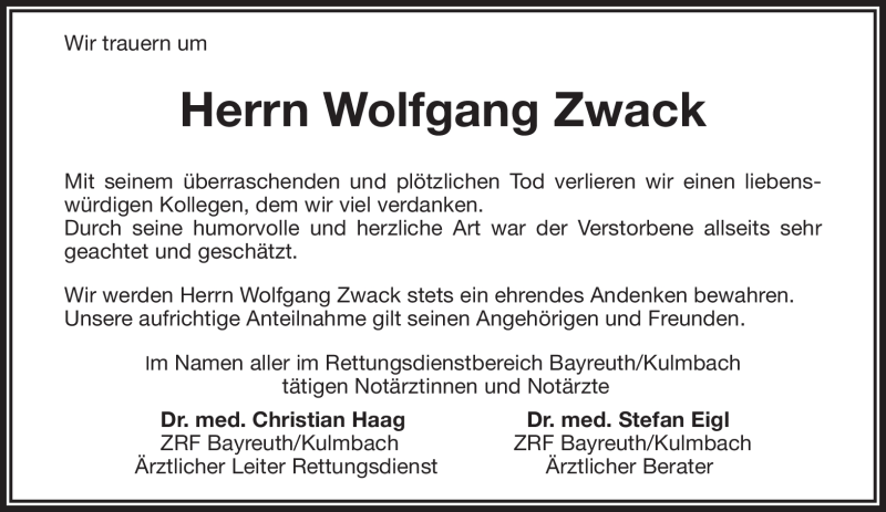  Traueranzeige für Wolfgang Zwack vom 16.05.2022 aus Nordbayerischer Kurier