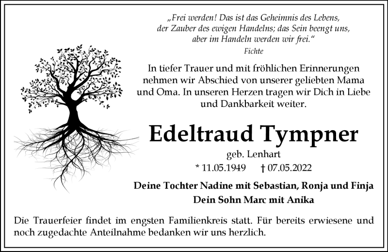 Traueranzeige für Edeltraud Tympner vom 21.05.2022 aus Nordbayerischer Kurier
