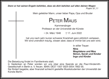 Anzeige von Peter Maus von Nordbayerischer Kurier