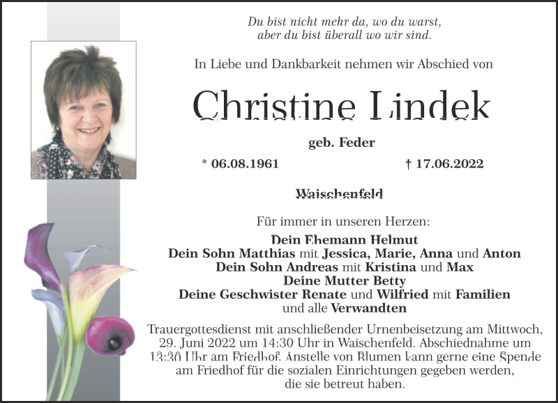  Traueranzeige für Christine Lindek vom 22.06.2022 aus Nordbayerischer Kurier