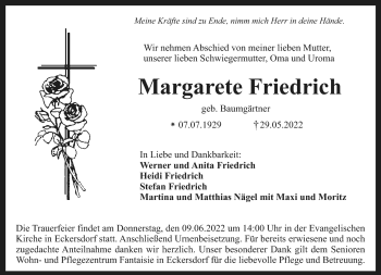 Anzeige von Margarete Friedrich von Nordbayerischer Kurier