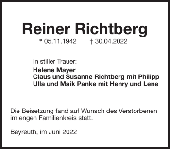 Anzeige von Reiner Richtberg von Nordbayerischer Kurier