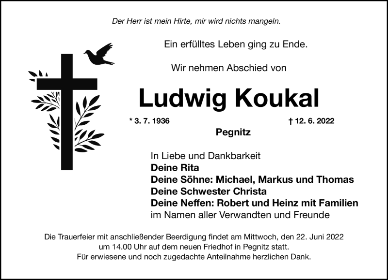  Traueranzeige für Ludwig Koukal vom 18.06.2022 aus Nordbayerischer Kurier