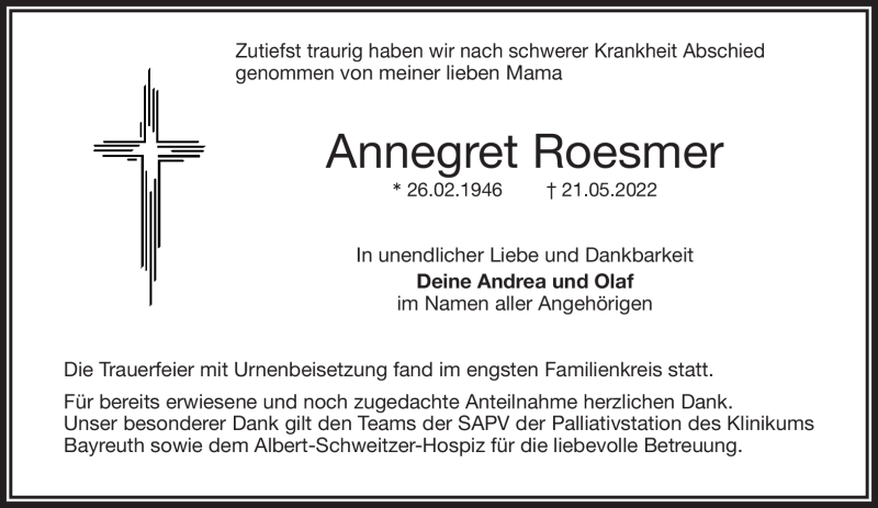  Traueranzeige für Annegret Roesmer vom 11.06.2022 aus Nordbayerischer Kurier