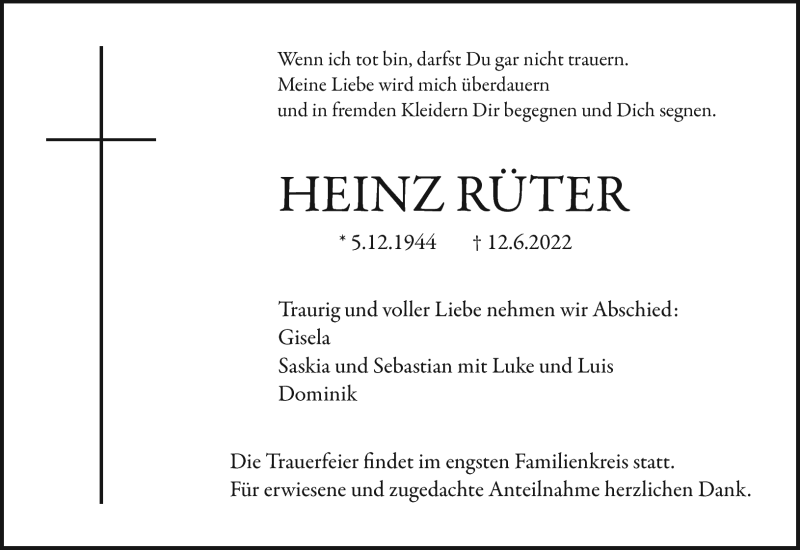  Traueranzeige für Heinz Rüter vom 18.06.2022 aus Nordbayerischer Kurier