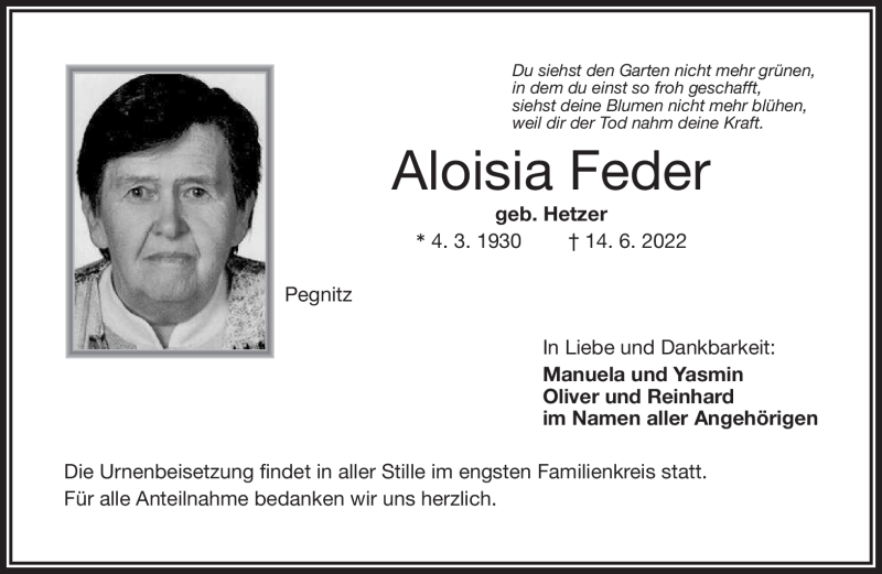  Traueranzeige für Aloisia Feder vom 18.06.2022 aus Nordbayerischer Kurier